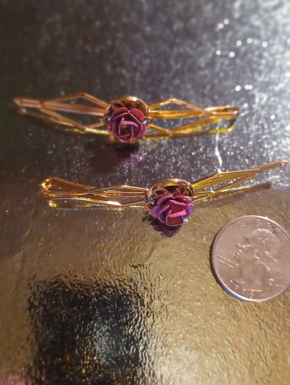 2x Gold Tone Hair Barrette Set with Mauve Rose Accent